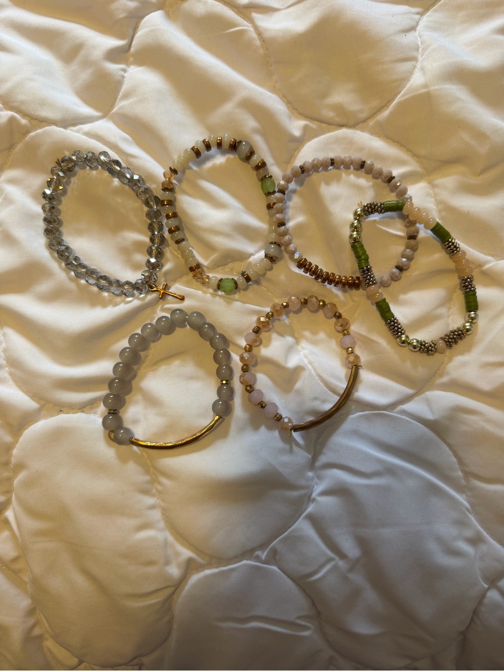 Stackable Beaded Stretch Bracelets - Neutral & Green Mix